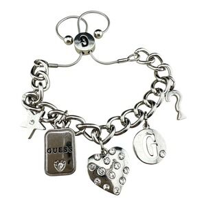 Guess Silver Tone Charm Bracelet Star Heart G Symbol Question Mark‎ Rhinestones